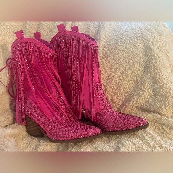 Jessica Simpson Hot Pink Rhinestone Fringe Boots - Picture 4 of 10